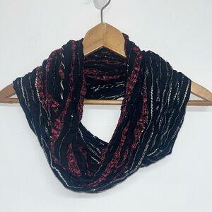 Bohemian Mixed Textile Fabric Infinity Scarf, Sequins, Sparkle Black Red Cream